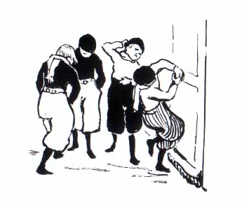 Children standing, pulling and kicking at the door.