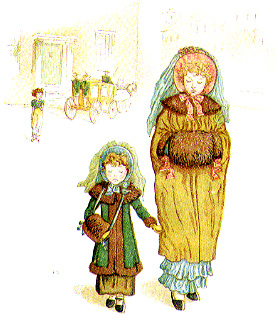 woman walking with girl in winter clothing