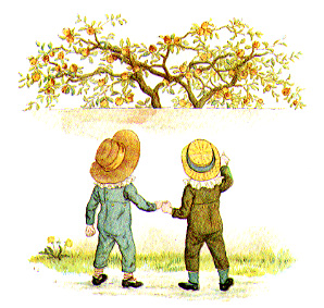 two children in hats pointing at a tree