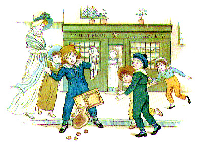boy dropping box of meat as two women and four other children look on