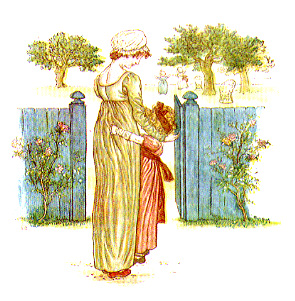 young girl clinging to woman's dress as they pass through gate in a blue fence