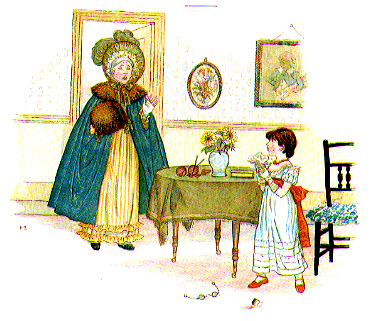 young girl holding handkerchief looking up at surprised old woman while pair of glasses lies on floor