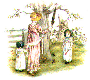 woman with umbrella and two young girls looking at a spider by a tree