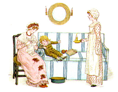 boy sleeping on couch next to woman sewing and woman standing with candle