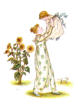 woman holding baby in the air with sunflowers in background