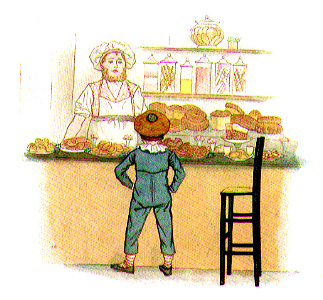 boy standing in front of counter at a bakery