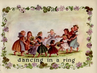 floral border around eleven girls of varying ages dancing in a circle.