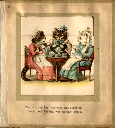 three elderly cats in fancy dress sitting at a table