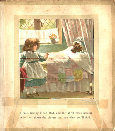 Red riding hood sees the Wolf in bed wearing Granny's cap