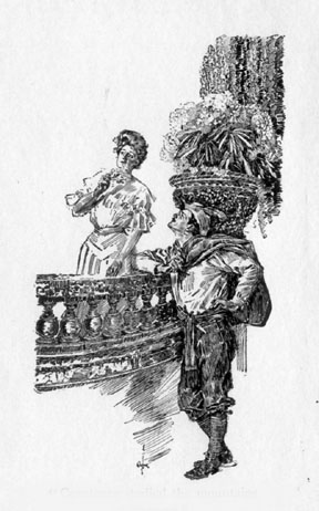 Illustration of a woman standing on a low balcony speaking with a man standing on the ground.