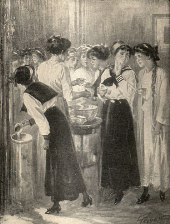 group of girls being served punch, one pours her cupful into an umbrella stand