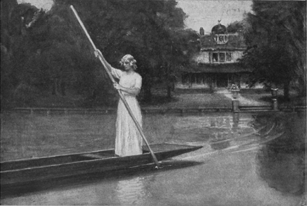 woman in white dress propelling long, shallow boat with a stick