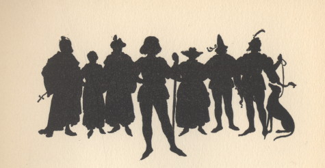 The silhouettes of a group of people and a dog.