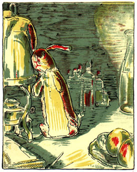 The Veleveteen Rabbit leans against an oil lantern with medicine bottles, a carafe of water, and a dish of fruit around him