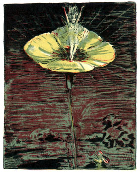 A fairy rises from the center of a flower.
