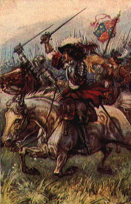 Men on horseback galloping forward with swords brandished.
