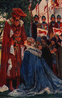Queen Philippa kneeling before the King.