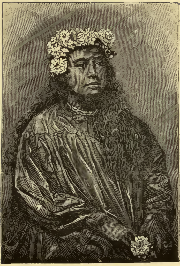 Waist length portrait of girl in loose dress holding a flower. A wreath of flowers crowns her long hair.