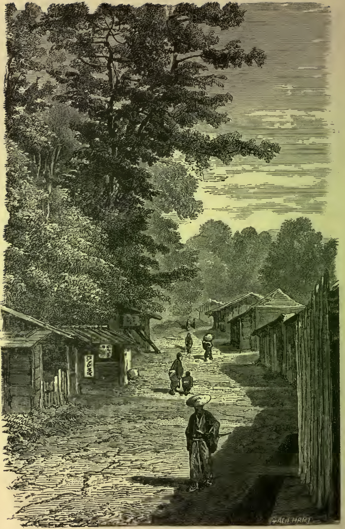 Street scene with small buildings, unpaved street, pedestrians. Forest background.