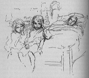 A woman lies in bed with two small children sitting at the foot.