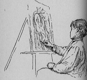 A boy sits at an easel painting.