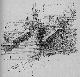 An exterior set of steps with potted plants leading to the Hull-House terrace.