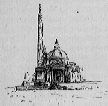 An Egyptian obelisk and buildings as seem from the Piazza del Popolo in Rome.