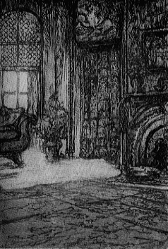 The interior of a room showing part of a sofa and fireplace.