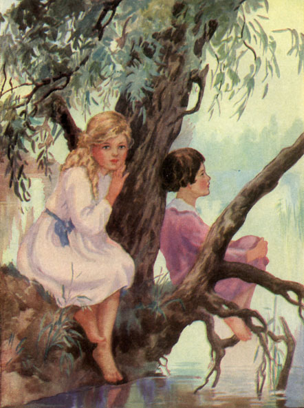 Two girls sit barefoot next to a tree leaning over water
