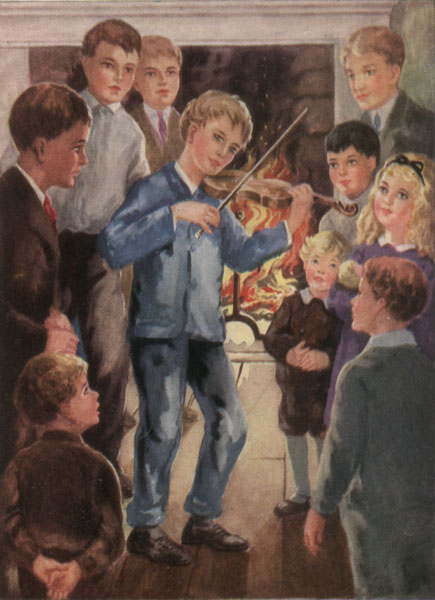 A group of boys and one girl standing in front of a fireplace while one boy stands in the center playing a violin