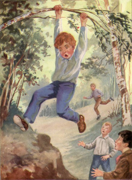 A boy fearfully dangling from a tree limb as two boys look on and another runs towards him