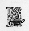 Capital letter D with an oil lamp in front of it in black and white