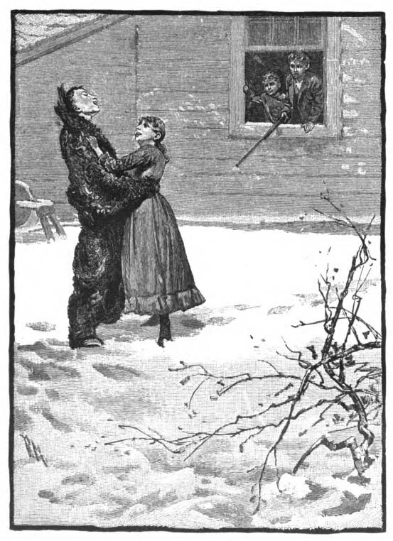 Woman hugging man in bear costume, his head exposed. Two young boys leaning out the window of the building behind them. Snow is on the ground.