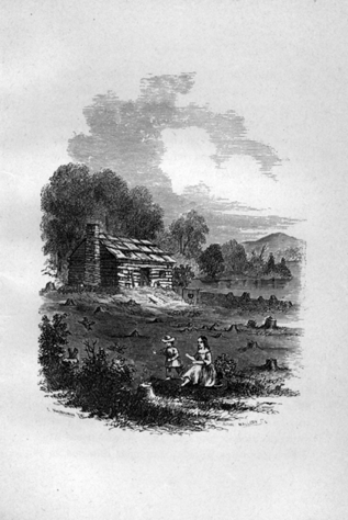 child and woman sitting in field before cabin at forest edge