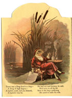 Frog in smoking jacket and slippers, smoking a pipe at a table set by the pond's edge. Cattails in the background.