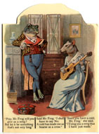 Mouse sitting with guitar, Frog standing.