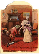 Inside a lovely room, Mouse demurely holds fan. Frog is down on one knee, holding her hand.
