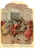 Mice and frogs doing courtly dances in a fancy hall.