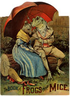 Frog and Mouse, fully dressed, canoodling on a log. Frog holds a parasol behind them both. 