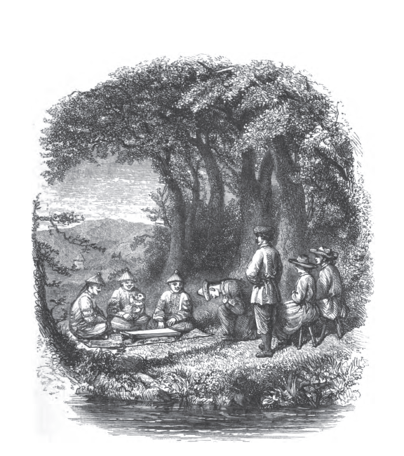 People peacefully sitting in a grove by the water with mountains behind. The styles of dress distinguish the Chinese from the English.