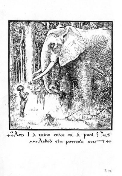 Young boy talking with elephant and rabbit in the woods. Caption: And am I a wise man or a fool? Asked the potter's son.