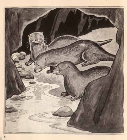 Three otters at the mouth of their den