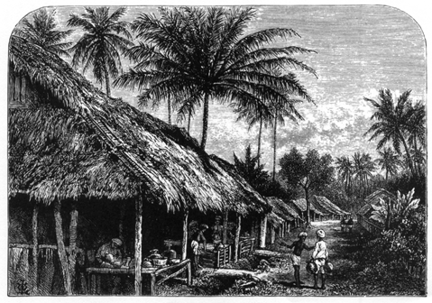 row of thatched open buildings with a handful of people