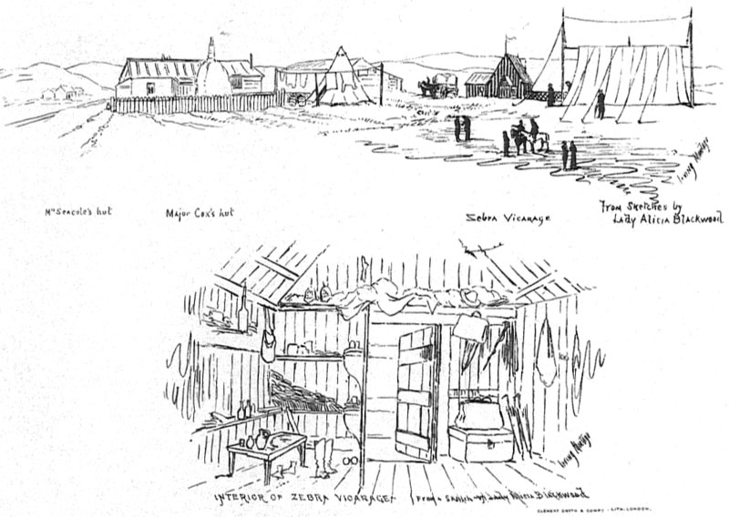 drawing of some buildings in Balaclava, with interior of Zebra Vicarage