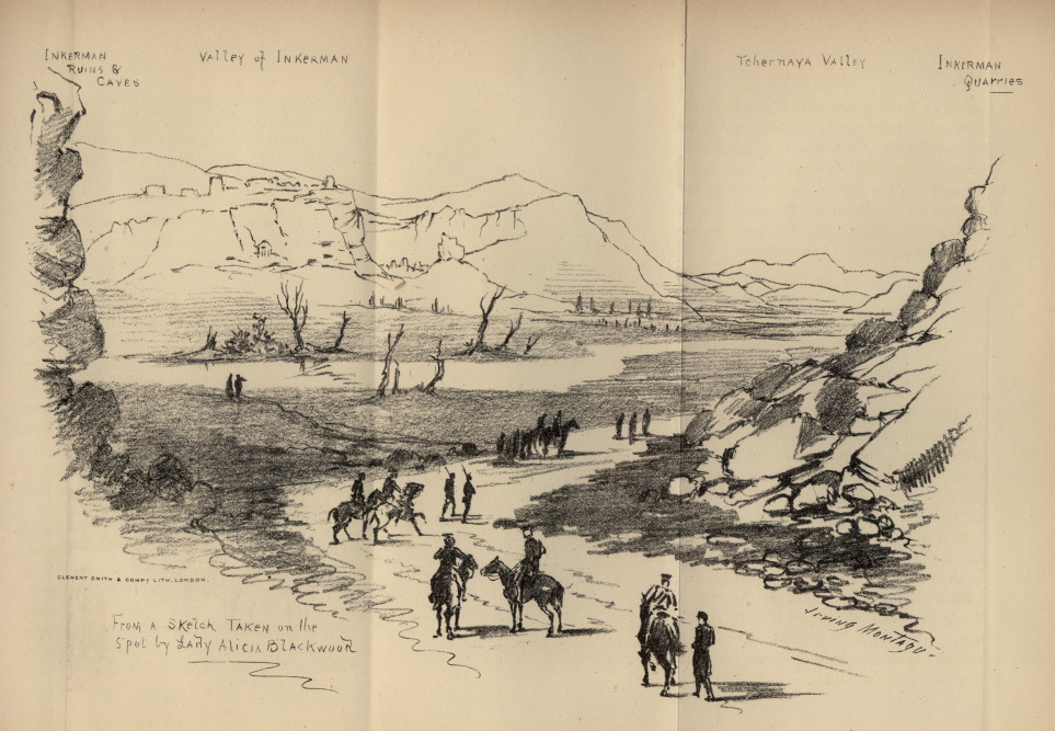 drawing of people on horseback on a road between the valley of Inkerman and the Tchernaya valley with depictions and labelling of each