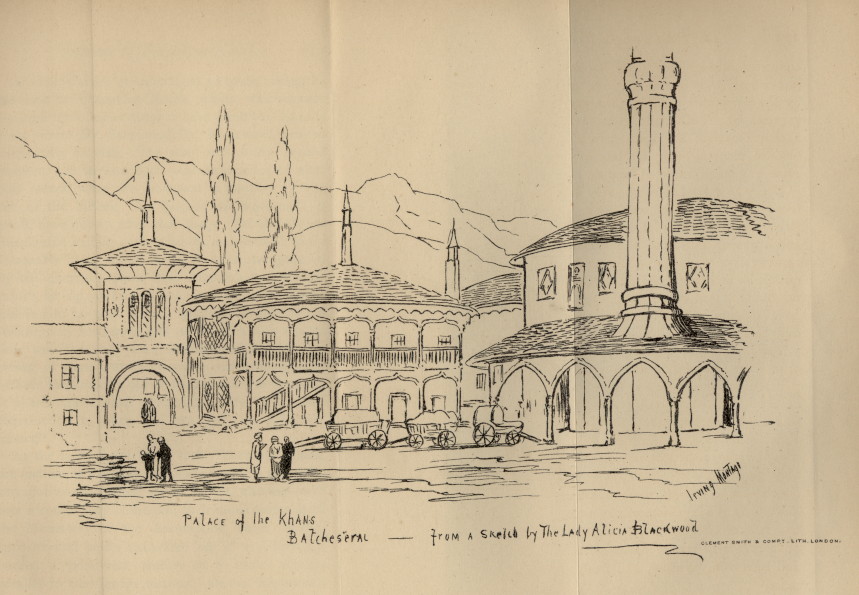 street scene of the palace of the khans with people outside