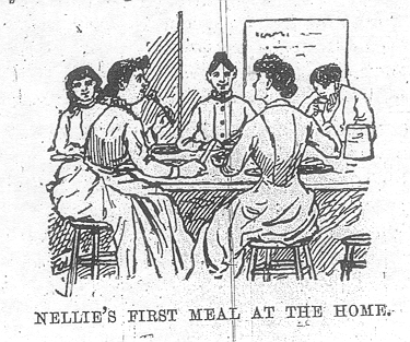 A group of five women eating at a table labeled Nellie's first meal at the home