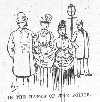 A policeman holds the arm of a woman with another woman standing next to her and a man by a lampost behind them labeled In the hands of the police.