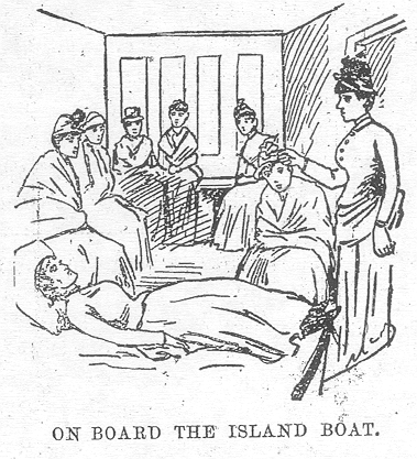 Eight women in a cramped space. One is standing,one is lying down, while the rest are sitting labeled On board the island boat.