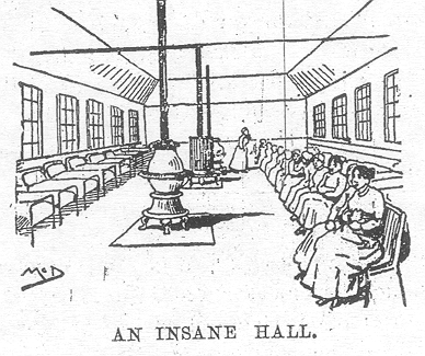 A long room with a line of beds down the left side and many women seated in chairs down the rigt. Down the center are several coal stoves. labeled An insane hall.